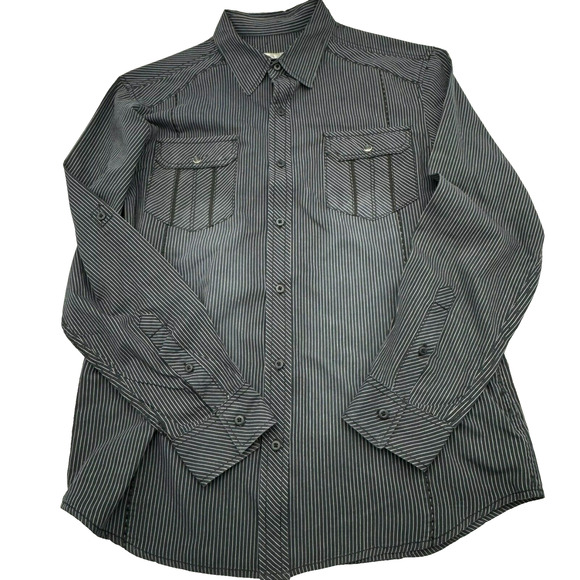 Chalc Men Large Blue Stripe western rodeo Pearl Snap Long sleeve button up shirt - Picture 2 of 9